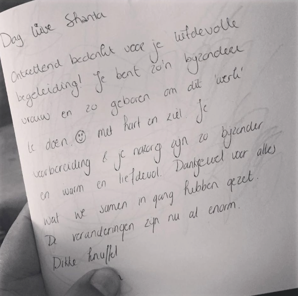 Handwritten review thanking Shanta for her loving guidance