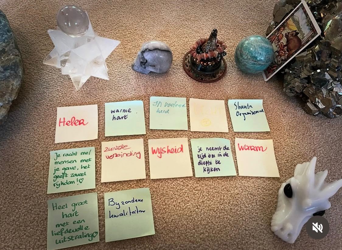 Photo of notes describing Shanta as a healer with a warm heart and wisdom, arranged among crystals.
