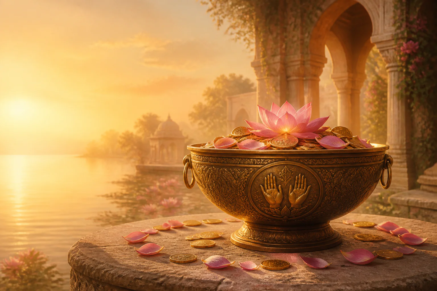 Gouden tempelschaal met lotus en munten in een warme tempeltuin